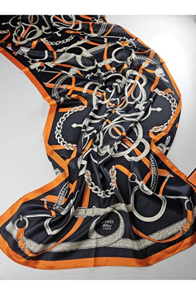 PİRAMİT HERMES VUAL İPEK ŞAL TURUNCU SİYAH