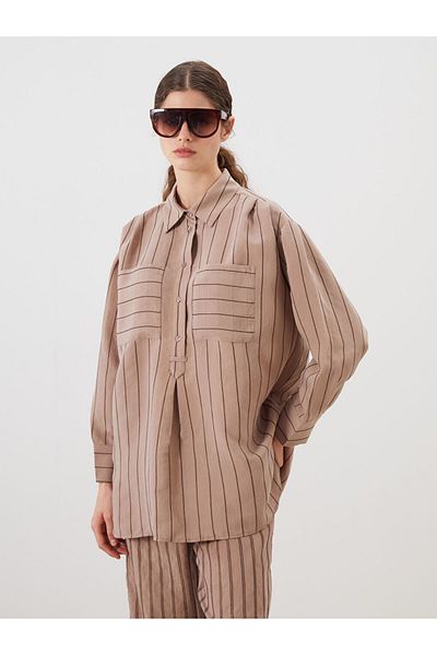 LC Waikiki Brown Shirt Collar Striped Modal Blend Women's Tunic