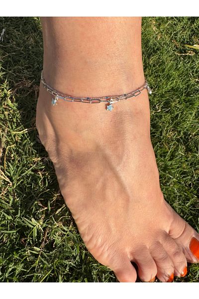 bijuxbymrv Double Row Blue Stone Tiny Flower Charm Anklet