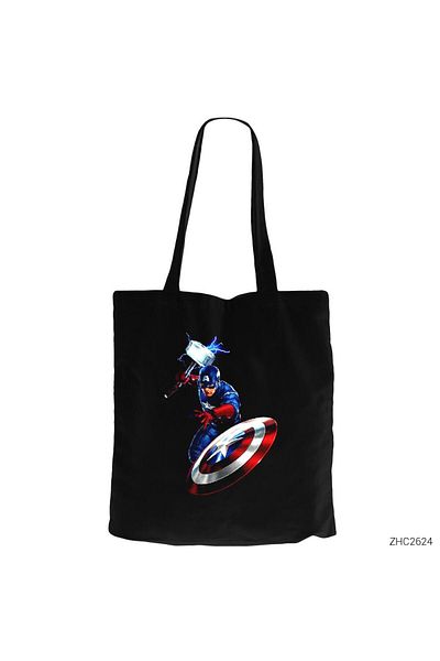 Z zepplin Captain America Mjolnir and Shield Μαύρη υφασμάτινη τσάντα με φερμουάρ Gabardine