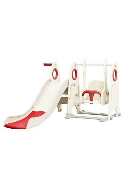 FULLJOY 4 in 1 Rocket Slide with Swing, Basketball Hoop and Climber for Kids, FJY-172