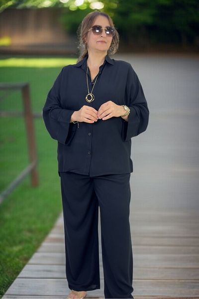 yagmurberen Flexible Cotton Summer Fabric Bat-Sleeve Shirt with Elastic Waist Pocket Trousers Large Size Double Set