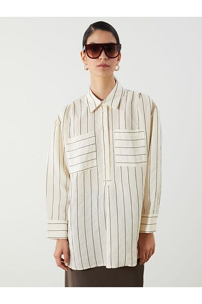 LC Waikiki Brown Shirt Collar Striped Modal Blend Women's Tunic