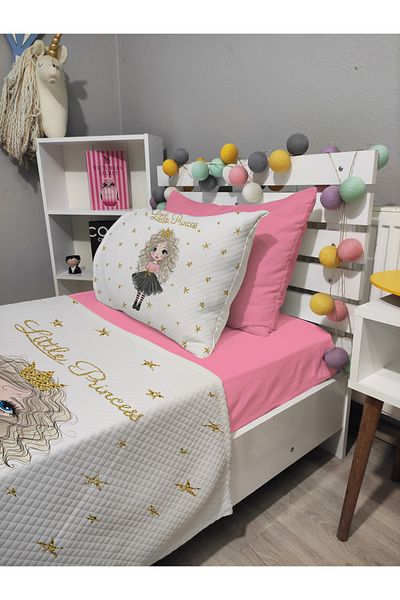 yok yok evim eve dair her şey 4 Piece Little Pirencess Patterned White 120X200 Single Pique Bedspread Set with Sheets