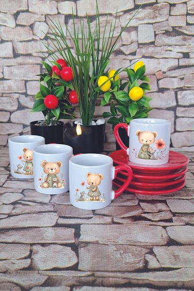 giftkonsept Cute Teddy Bear and Cat Printed Red 4-Piece Porcelain Turkish Coffee Cup Set