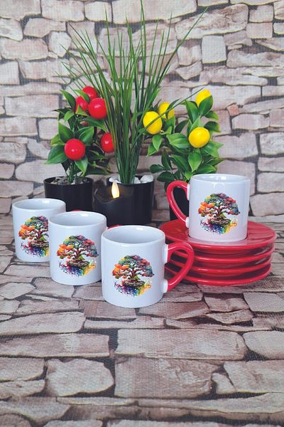 giftkonsept Watercolor Themed Tree of Life Printed Red Set of 4 Porcelain Turkish Coffee Cups
