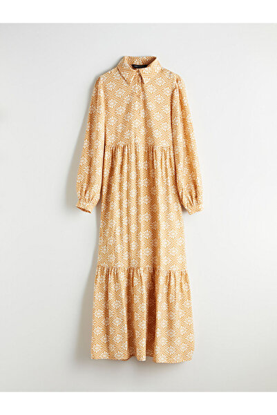 LC Waikiki Orange Shirt Collar Patterned Balloon Sleeve Fold Dress