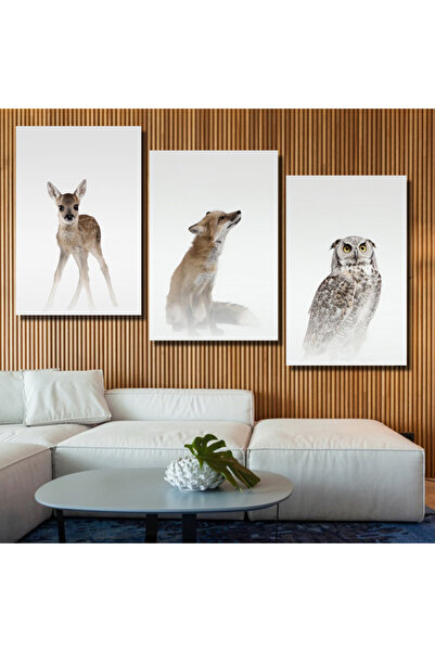SND ثلاث لوحات قماشية مودرن بتصميم حيوانات مع برواز بني مجوف