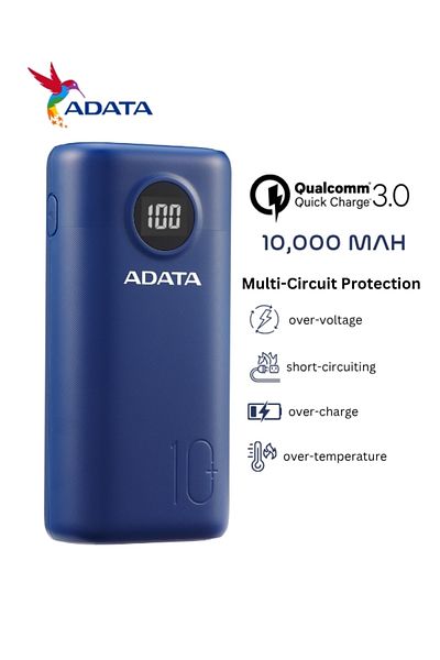 Adata Power Bank P10000QCD | 10,000 mAh | Fast Charging Qualcomm QC 3.0 USB Type-C and Type-A