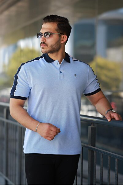 Miron Men's Polo Neck Blue Stripe Detailed Regular Fit T-Shirt - 2530