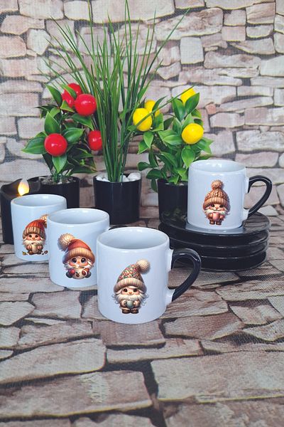 giftkonsept Cute Gnomes Printed Black Set of 4 Porcelain Turkish Coffee Cups