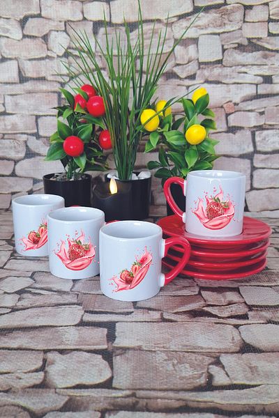 giftkonsept Strawberry Themed Printed Red 4-Piece Porcelain Turkish Coffee Cup Set