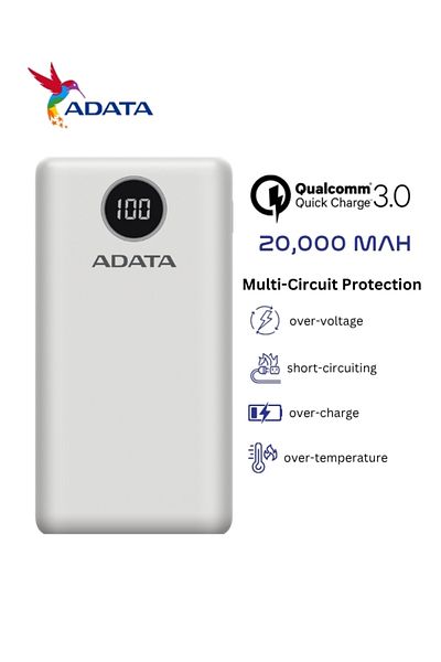 Adata Power Bank P20000QCD | 20,000 mAh | Fast Charging Qualcomm QC 3.0 USB Type-C and Type-A | 18 watt