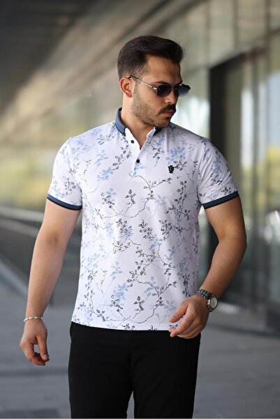 Miron Men's White Blue Leaf Pattern Slim Fit Polo Neck T-Shirt - 2529