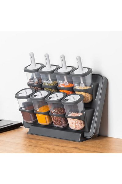 Mena Rise Diyar-Ifırsatshop 1117 Stand with Sliding Spoon 360 °   Spice Rack with Rotating Lid and Label