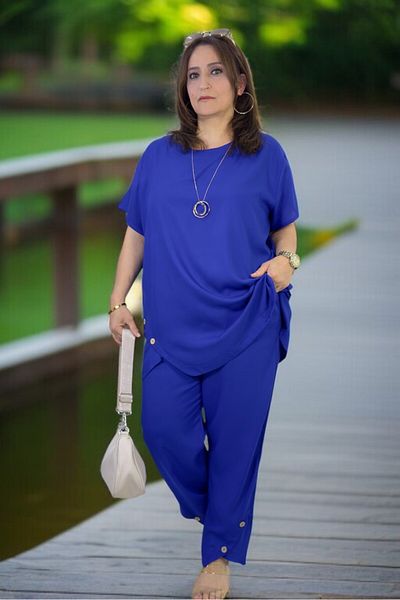 yagmurberen TUNICĂ CU MÂNERĂ SCURTĂ DETALIE BUCĂȚI DE BUMBAC VISCOSĂ PANTALON CU BULĂ ELASTICĂ LA TAILĂ SET DUAL MĂRIME MARE