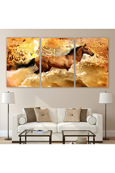 4gdran ثلاث لوحات قماشية مودرن بتصميم حصان مع برواز فضي مجوف