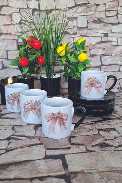 giftkonsept Pink Floral Bow Printed Black Set of 4 Porcelain Turkish Coffee Cups