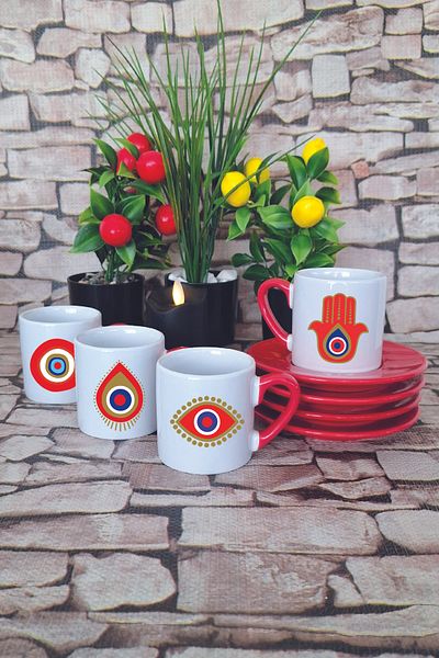 giftkonsept Evil Eye Bead Patterned Printed Red Set of 4 Porcelain Turkish Coffee Cups