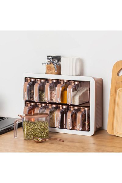 Mena Rise Diyar-Ifırsatshop 1120 12-Piece Self-Adhesive Spice Rack with Stand and Spoon Cover
