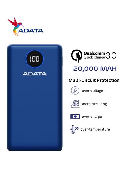 Adata Power Bank P20000QCD | 20,000 mAh | Fast Charging Qualcomm QC 3.0 USB Type-C and Type-A | 18 watt