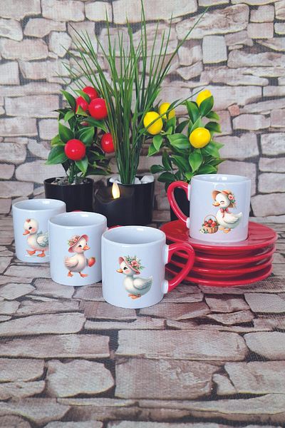 giftkonsept Cute Ducks Printed Red 4-Piece Porcelain Turkish Coffee Cup Set