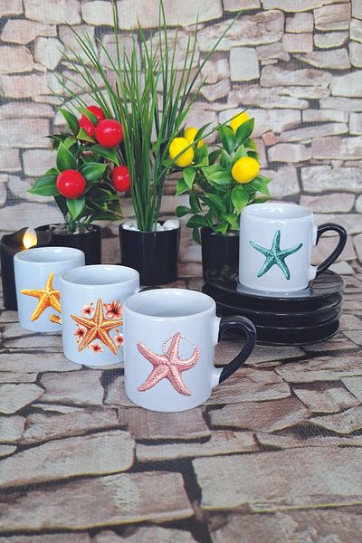 giftkonsept Colorful Starfish Printed Black Set of 4 Porcelain Turkish Coffee Cups