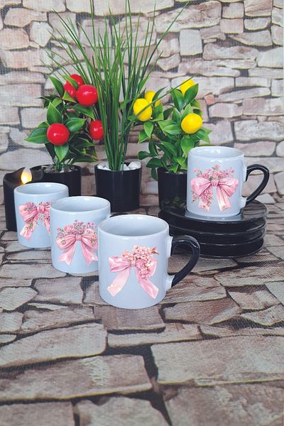 giftkonsept Bow and Flowers Printed Red Set of 4 Porcelain Turkish Coffee Cups