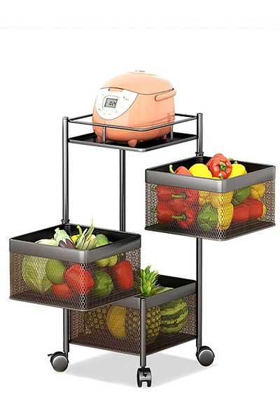 Primo Plus 3Tier Square Movable Iron Vegetable Basket with Wheels - Black