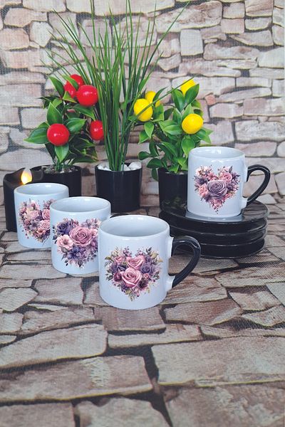 giftkonsept Purple Roses Printed Black Set of 4 Porcelain Turkish Coffee Cups
