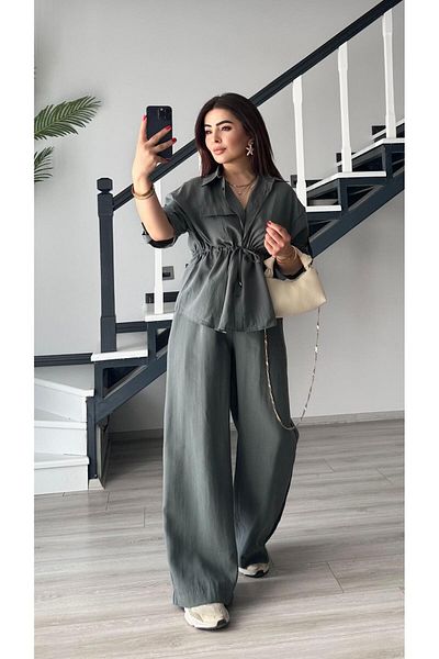 Oslove Gray Washed Tnsel Fabric Shirt-Pants Set