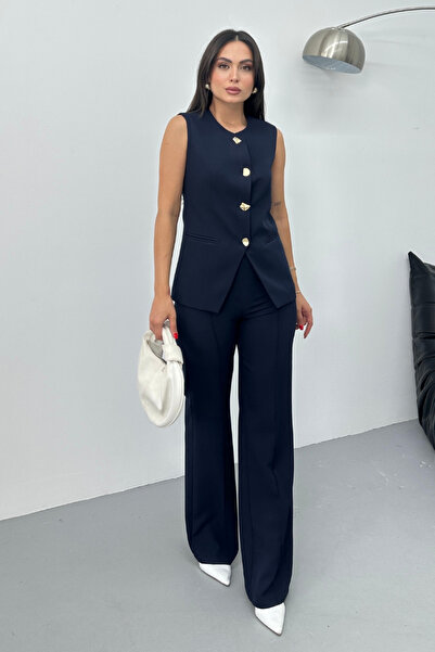 spirituel Női dupla alsó felső szett Stílusos gombos részletes nyakú, normál mellény nadrág szett