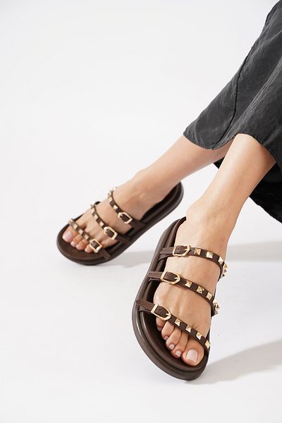 Himushe Handy Gold Staple Detailed Three Band Women's Slippers Brown Skin