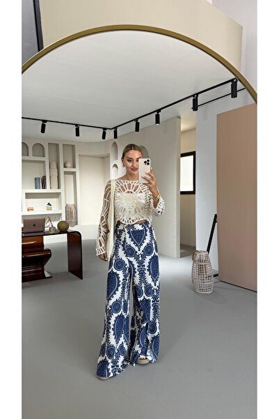 Sezgi Tekin Navy Blue Patterned Bohemian Envelope Trousers with Elastic Waist