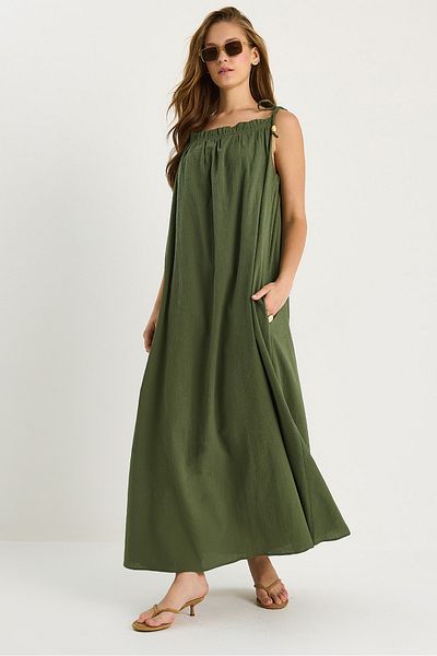 Bianco Lucci Women's Lacing Strap Pocket Detailed Lined Long Crinkle Oversize Dress 5249 60281095
