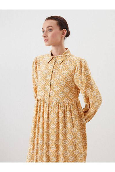 LC Waikiki Orange Shirt Collar Patterned Balloon Sleeve Fold Dress