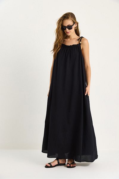 Bianco Lucci Women's Lacing Strap Pocket Detailed Lined Long Crinkle Oversize Dress 5249 60281095
