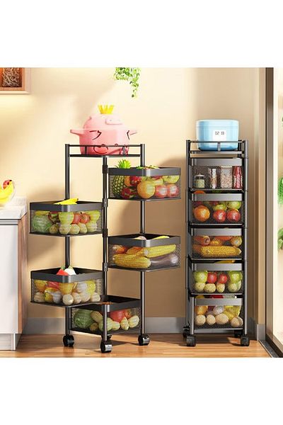 Primo Plus 5Tier Square Movable Iron Vegetable Basket with Wheels - Black