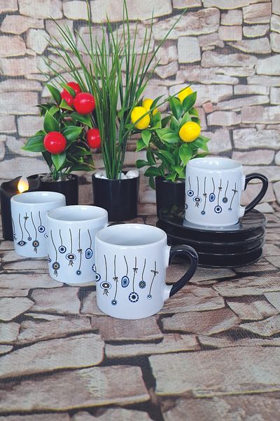 giftkonsept Evil Eye Bead Patterned Printed Black Set of 4 Porcelain Turkish Coffee Cups
