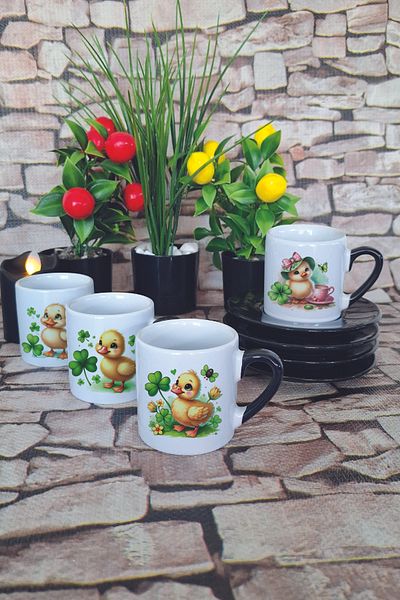 giftkonsept Cute Chick Clover Printed Black Set of 4 Porcelain Turkish Coffee Cups