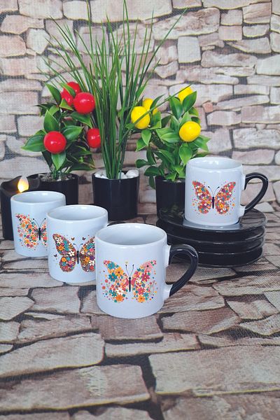 giftkonsept Flower and Butterfly Themed Printed Black 4-Piece Porcelain Turkish Coffee Cup Set