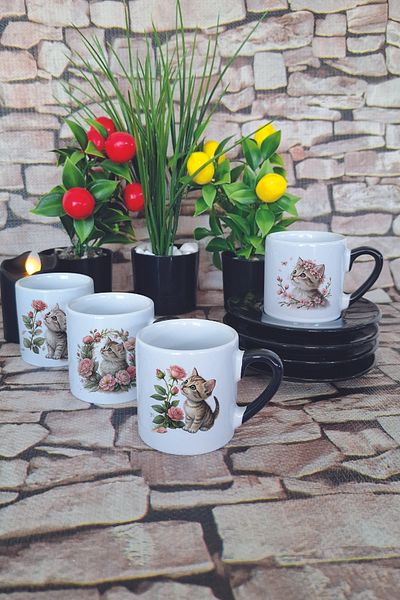 giftkonsept Cute Kitten Printed Black Set of 4 Porcelain Turkish Coffee Cups
