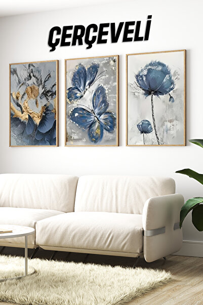 kutuTR 🦋 3'lü Çerçeveli Mavi Kelebek ve Çiçek Temalı MDF Tablo Seti – UV Bas...