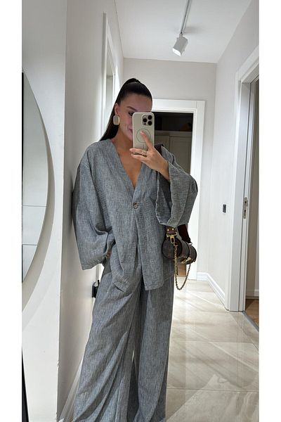 Lady Pixie Linen Single Button Blouse Pants Set