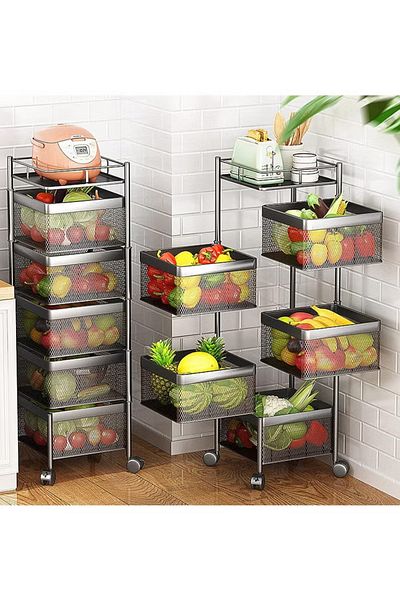 Primo Plus 5Tier Square Movable Iron Vegetable Basket with Wheels - Black