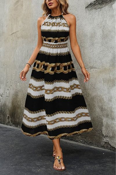 Viyamo New Season Women's Sleeveless Halter Neck Elastic Waist Digital Print Single Jersey Long Dress