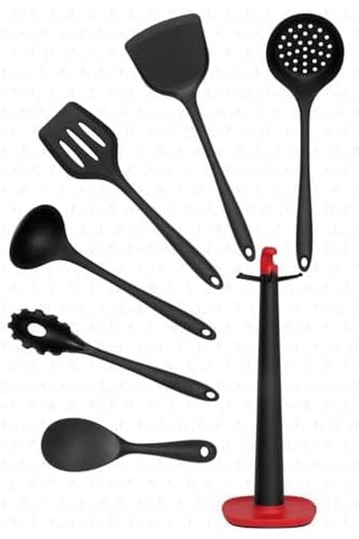 Mena Rise Şirinshop Claris Stand Heat Resistant Fireproof Non-Stick Silicone Spatula Set 7 Pieces Black