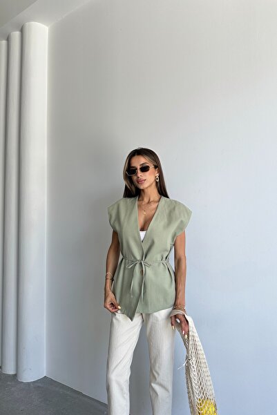 MAT Collection Kadın Mint Yeşil İp Bağlamalı Astarlı Keten Yelek