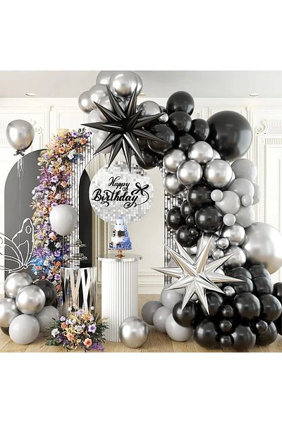Baloane Vesele Adult Balloon Arch Black Grey Silver 87 Pieces ARC156