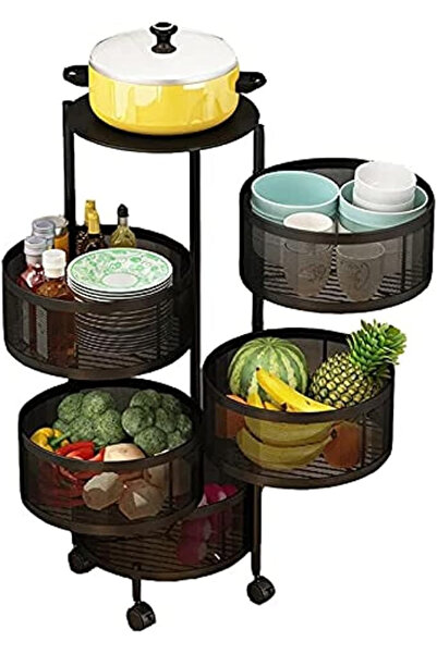 Primo Plus 5Tier Round Movable Iron Vegetable Basket with Wheels - Black